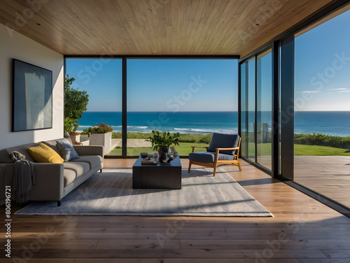 Inviting home with a black living room and wooden floors, providing serene views of the ocean, blue sky, and sandy beach, creating a perfect summer ambiance © xKas
