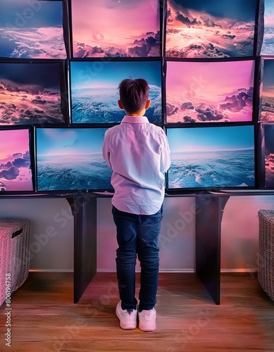 jeune garçon jouant aux jeux vidéo devant un mur d'écran en ia