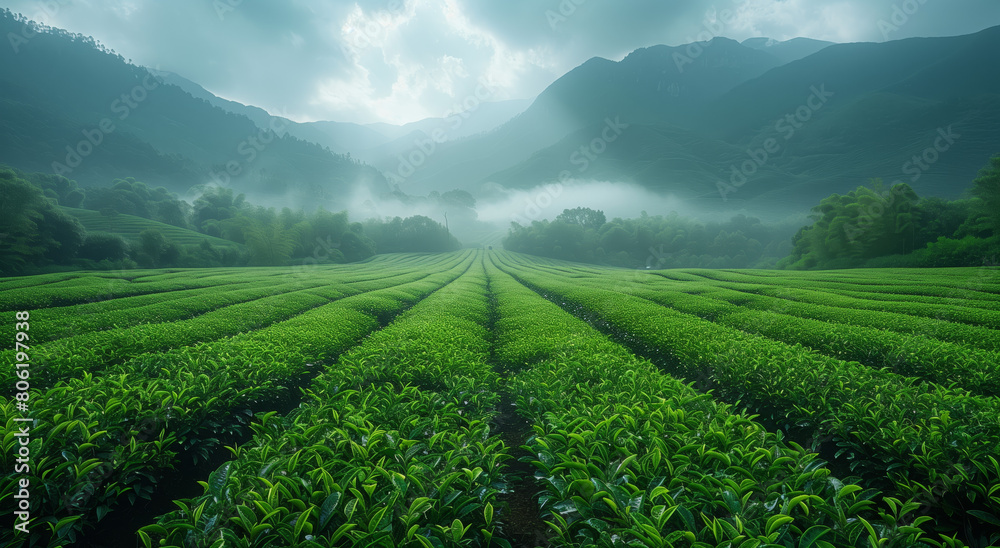 The green tea fields are filled with lush and vibrant plants that create an enchanting landscape. In front of it stands a large field full of fresh tea leaves, gently swaying under the gentle breeze. The green tea fields are filled with lush and vibrant plants that create an enchanting landscape. In front of it stands a large field full of fresh tea leaves, gently swaying under the gentle breeze.