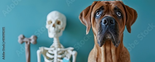 Mastiff Orthopedic Doctor with Bone Model Against Azure Background photo