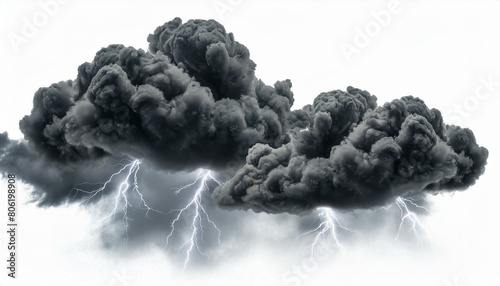 Black storm clouds with lightnings and smoke isolated on white background © nino