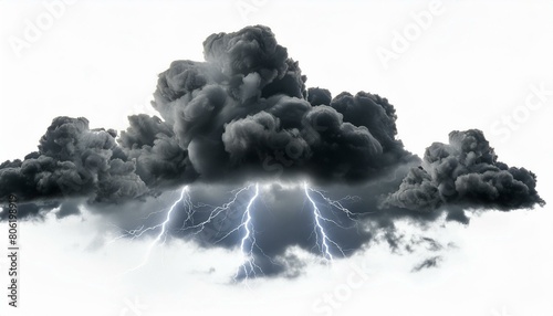 Black storm clouds with lightnings and smoke isolated on white background