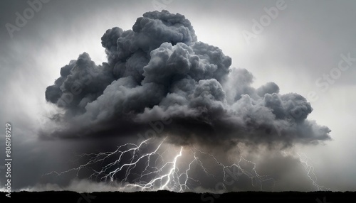 Black storm clouds with lightnings and smoke isolated on white background