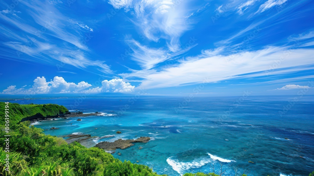 clear blue sea, surrounded by lush greenery and vibrant coral reefs