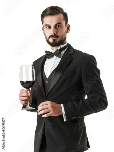 A sommelier dressed in a formal tuxedo, holding a wine glass, set against a white background.