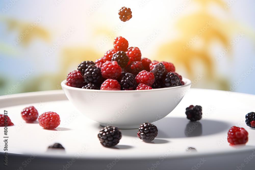 Fresh Raspberries and Blackberries in a White Bowl with a Tropical Palm Background Fresh Raspberries and Blackberries in a White Bowl with a Tropical Palm Background