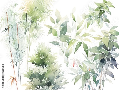 bamboo leaf plants watercolor  white background