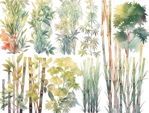 bamboo leaf plants watercolor  white background