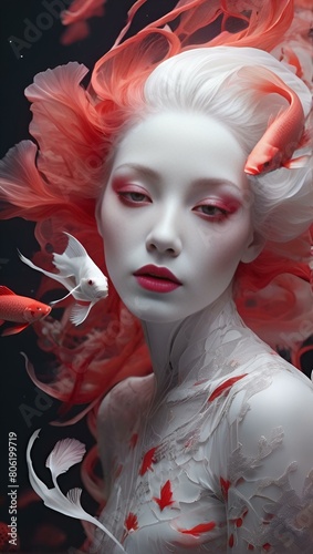 Portrait of 2 ghostly long tailed white koi, woman, shiny aura, highly detailed