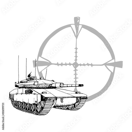 Merkava Tank of Israel with optical sight black and white vector illustration. Israeli military machine mark IV. Hand drawn ink drawing