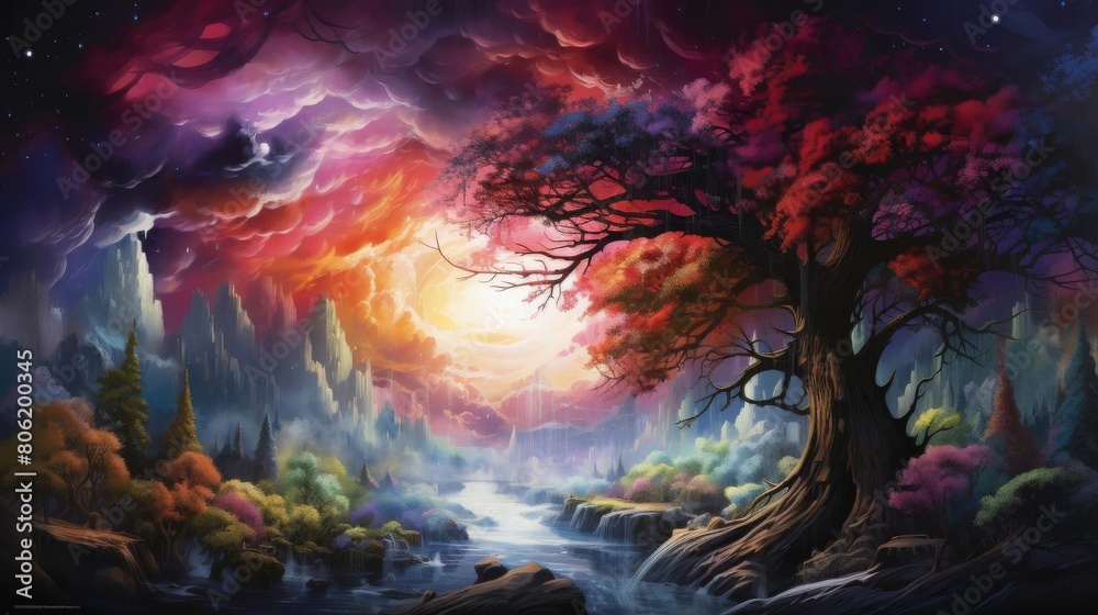 Immerse the viewer in a kaleidoscope of colors as a hurricane meets a mystical forest in a surreal clash Bring out the contrast between the destructive power of nature and the sere