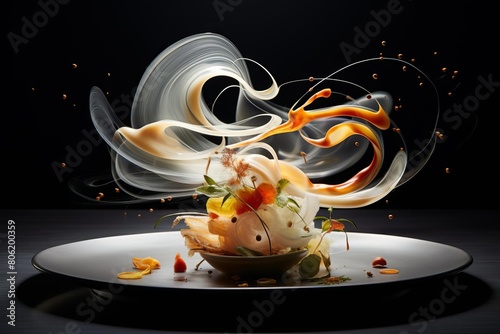 Merge the precision of culinary tools with the fluidity of abstract art, highlighted by a play of light and shadow, creating a mesmerizing visual feast for the audience photo