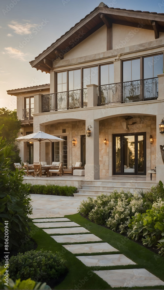 Magnificent Mediterranean villa with gardens and private beachfront access, nestled in the sought-after Hamptons enclave of New York, a haven of luxury