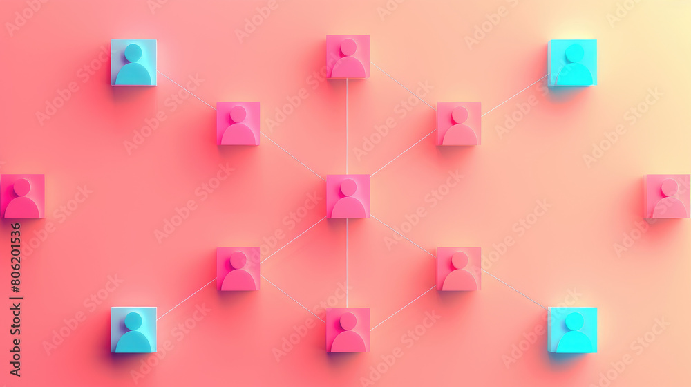 HR networking featuring wooden blocks and interconnected lines on a vibrant orange background, perfect for illustrating corporate relationships and team communications.
