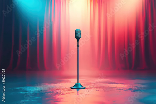 A microphone stand on an empty stage, embodying the power of expression and communication in the absence of words. photo