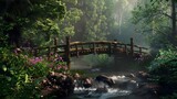  A quaint wooden bridge over a babbling brook surrounded by greenery. . 
