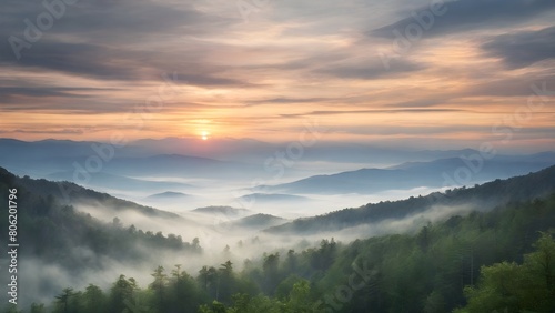 Sunrise in the mountains, morning haze view from above, summer nature landscape