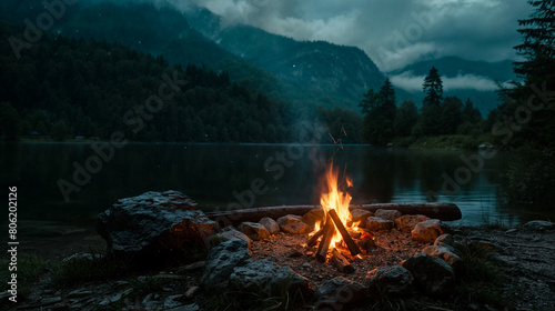 Fire in the night forest. Vacation in nature. Camping holidays. Burning fire on the lake shore