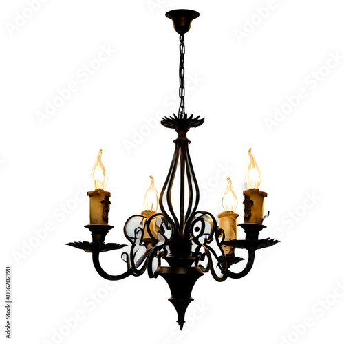 A decorative wrought iron chandelier with candle-like bulbs and ornate arms Transparent Background Images 