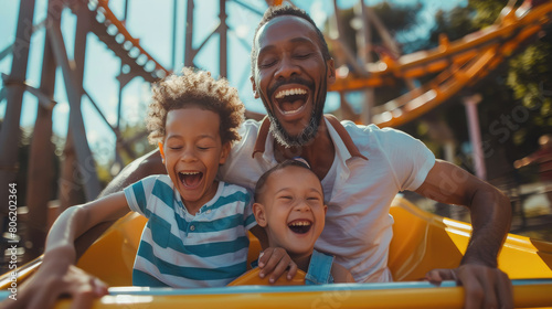 father and son ride on a roller coaster, amusement park, carousel, slide, man, child, boy, kid, family, father's day, joy, emotion, people, portrait, laughter, scream, smile, together, parent, happy