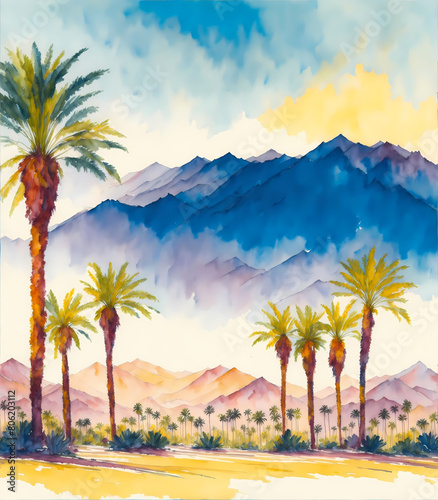 Summer background palms  sky and sea. gorgeous landscape  watercolor