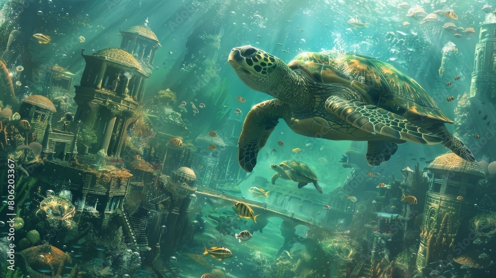 A turtle swimming in a sea of fish and coral. The turtle is surrounded by many fish, some of which are swimming in the foreground and others in the background. The scene is vibrant and lively A turtle swimming in a sea of fish and coral. The turtle is surrounded by many fish, some of which are swimming in the foreground and others in the background. The scene is vibrant and lively