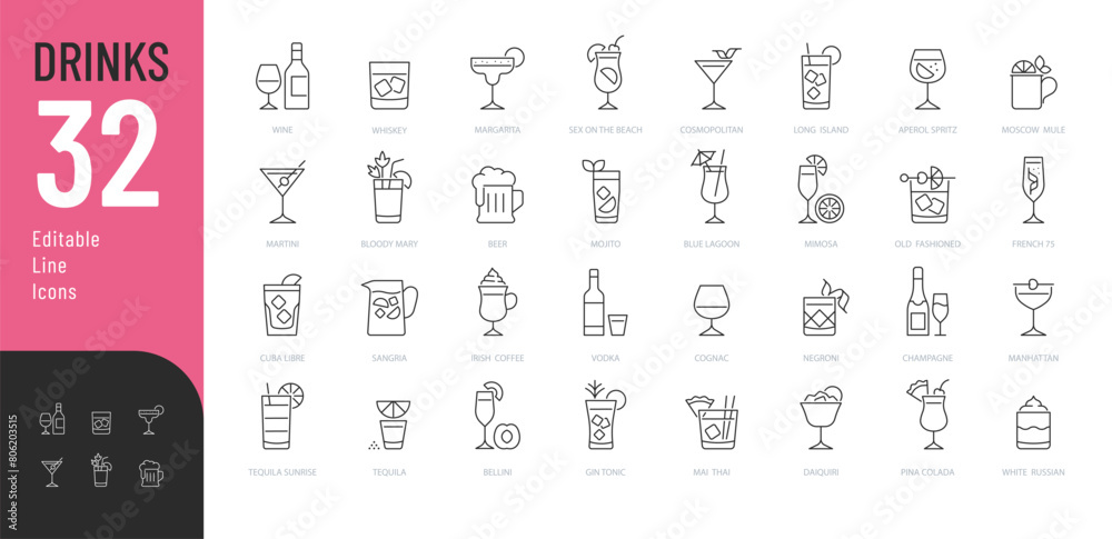Drinks Line Editable Icons set. Vector illustration in modern thin line style of beverages related icons: beer, wine, cocktail, and more. Pictograms and infographics for mobile apps. 