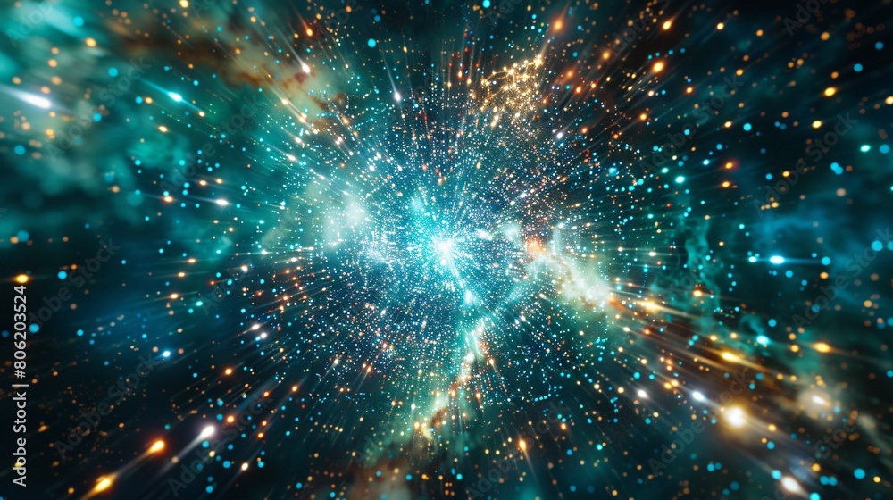 Fototapeta premium Teal and Gold Cosmic Particle Explosion Abstract