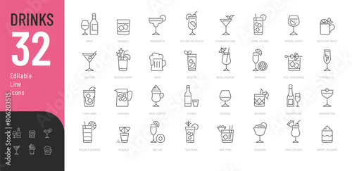Drinks Line Editable Icons set. Vector illustration in modern thin line style of beverages related icons: beer, wine, cocktail, and more. Pictograms and infographics for mobile apps.  photo