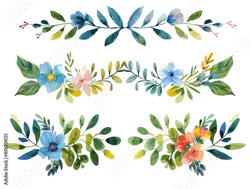 floral borders, watercolor hand drawn on white background