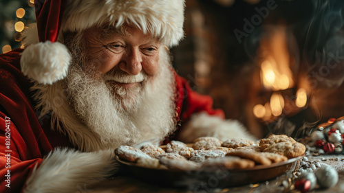 Santa enjoying cookies by fireplace.