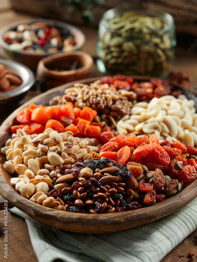 A vibrant plate of mixed nuts and dried fruits, arranged aesthetically amidst pine needles, embodies the spirit of festive snacking and nutritious indulgence. A vibrant plate of mixed nuts and dried fruits, arranged aesthetically amidst pine needles, embodies the spirit of festive snacking and nutritious indulgence.