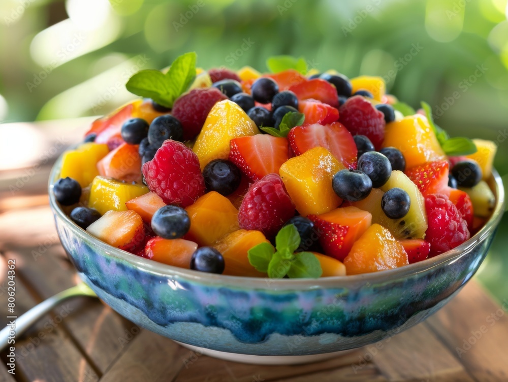 A medium shot of a vibrant fruit salad, sunlight enhancing the glistening strawberries, blueberries, kiwi, and mango chunks, nestled in an artisan bowl, bespeaking a feast for the senses.
