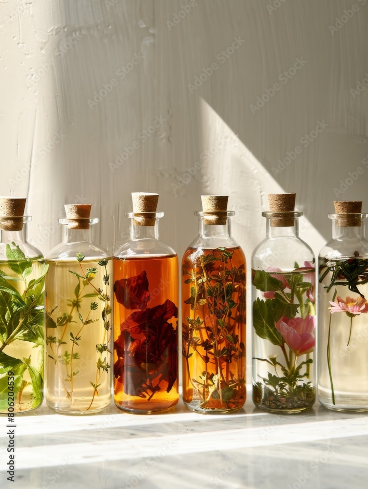 Botanical Elixirs, Herbs Infused in Sunlit Bottles. A row of transparent bottles captures the sunlight, each elegantly filled with different herbal infusions, showcasing nature palette in liquid form. Botanical Elixirs, Herbs Infused in Sunlit Bottles. A row of transparent bottles captures the sunlight, each elegantly filled with different herbal infusions, showcasing nature palette in liquid form.
