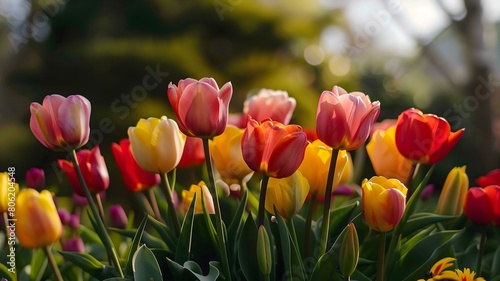  A cluster of tulips blooming in vibrant hues in a garden. .  
