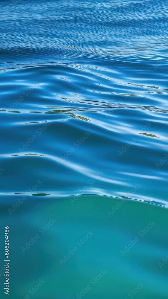 Naklejka premium Vertical shot, Waves on surface of blue water with sun rays. Natural background with sun glints on surface of blue water. Texture of blue water surface. caustic texture. Blue water in slow motion