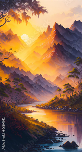 Sunsets of Never series. Landscape of virtual paint. A vibrant sunrise over a misty forest