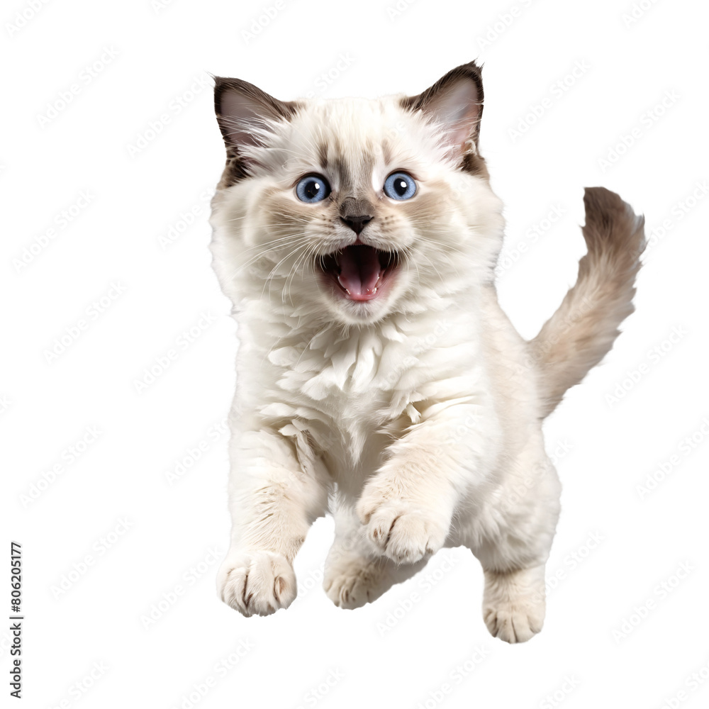 Fototapeta premium white ragdoll cat kitten running and jumping isolated transparent photo