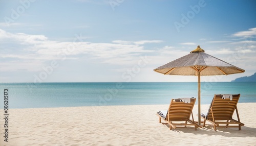 a pristine with white sand adorned with chairs and an umbrella of travel and tourism against a wide panoramic backdrop  chairs and umbrella on the beach