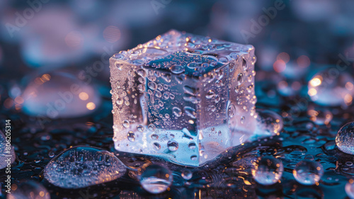 Ice cube with water droplets on surface.