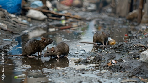 Dirty disgusting rats or mouses on area that was filled with sewage, smelly, damp, and garbage bags. Referring to the problem of rats in the city, disease outbreaks from animals, filth of city. photo