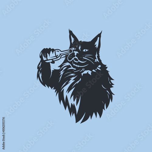 Cat drink illustration, cat logo design vector