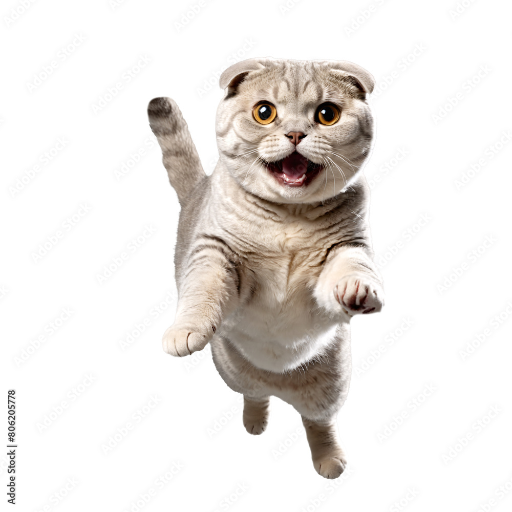 Fototapeta premium scottish fold cat running and jumping isolated transparent photo
