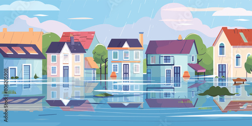 Town Flooding, Cartoon Illustration of Natural Disaster Amidst Rain and Storm