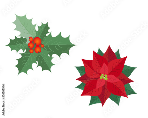 Vintage Merry Christmas And Happy New Year background set. Berries, sprigs and leaves stylish vector illustration on winter greeting card. Good for cards, posters and banner design collection
