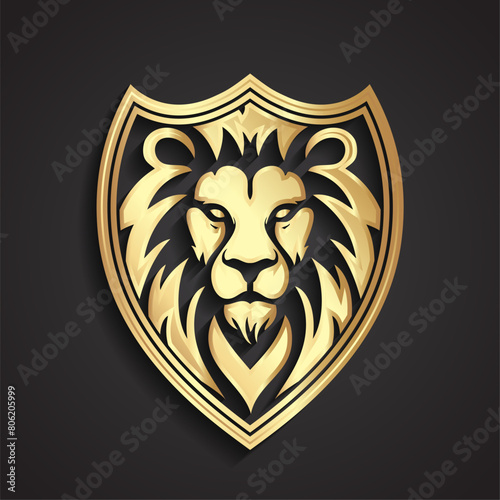 3d gold lion head on shield heraldry logo symbol