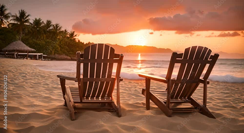 Two empty lounge chairs side by side in front of a bonfire at sandy beach during tropical sunset Two empty lounge chairs side by side in front of a bonfire at sandy beach during tropical sunset