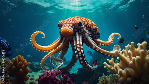 Stunning octopus and coral reef in the sea photo