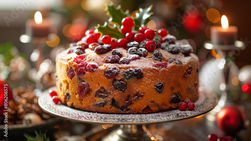 A Christmas fruitcake with berries photo