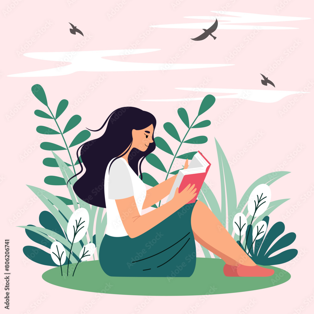 Vector illustration of a sitting girl reading a book on a background of plants. Image for the celebration of World Book Day.